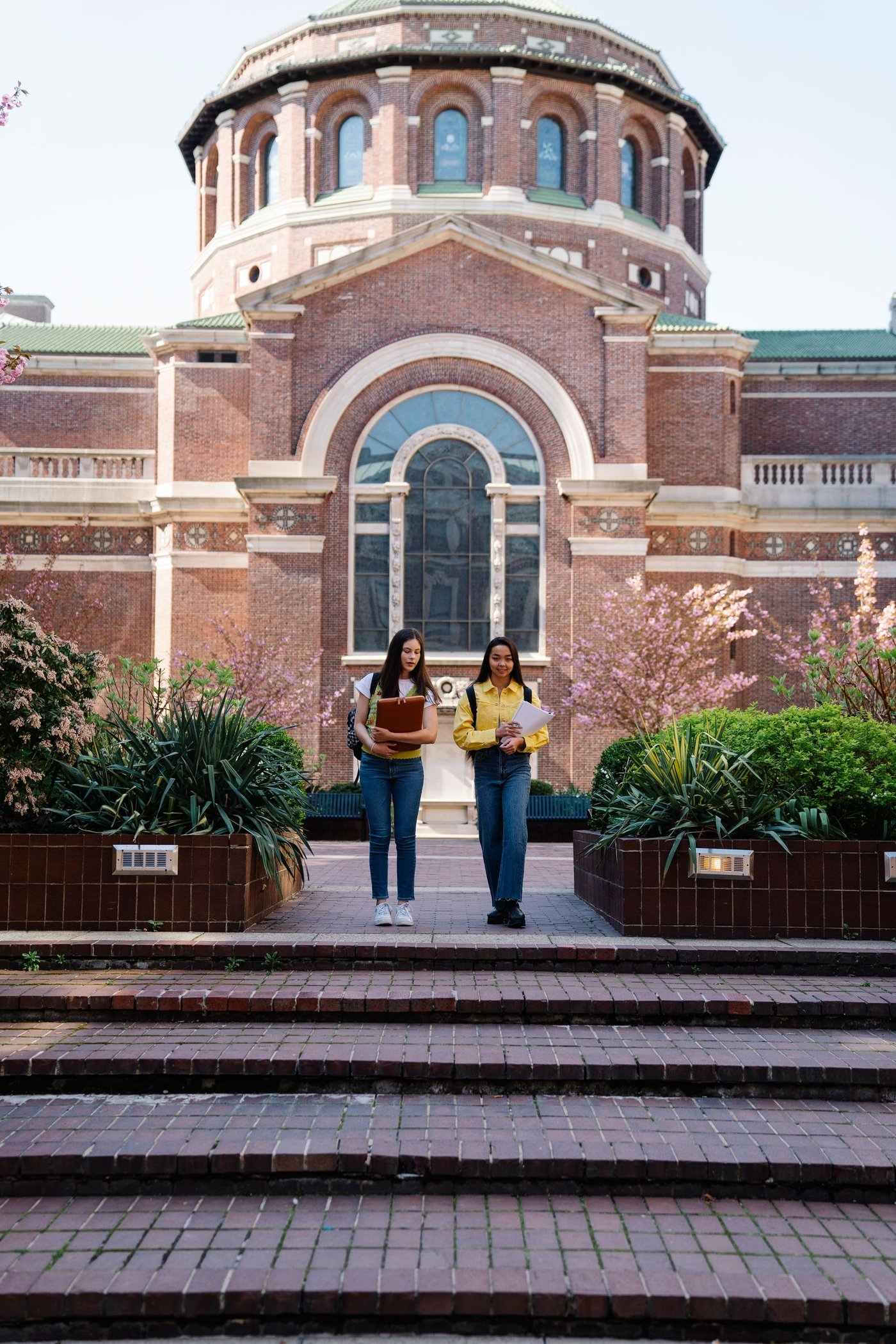 Brick university building seen from the courtyard